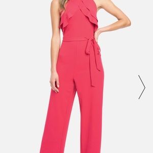 BEBE DOUBLE RUFFLE HALTER JUMPSUIT